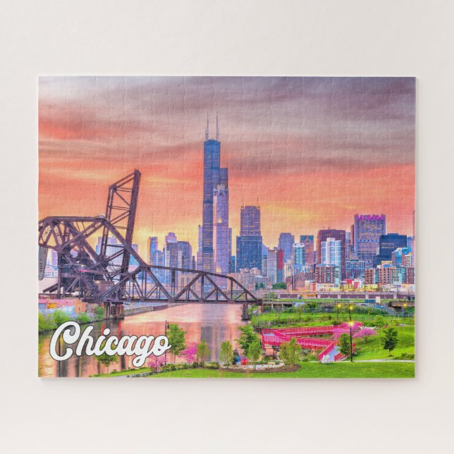 Sunset Over Chicago, Illinois, United States Jigsaw Puzzle (Horizontal)