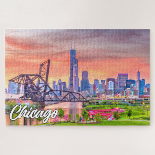 Sunset Over Chicago, Illinois, United States Jigsaw Puzzle