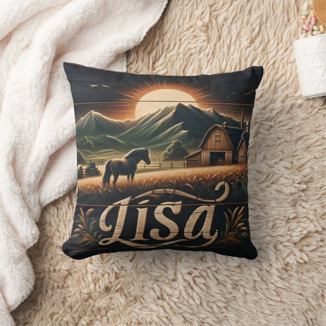 Sunset Over Farm With Horse and Barns in Mountains Cushion (Blanket)