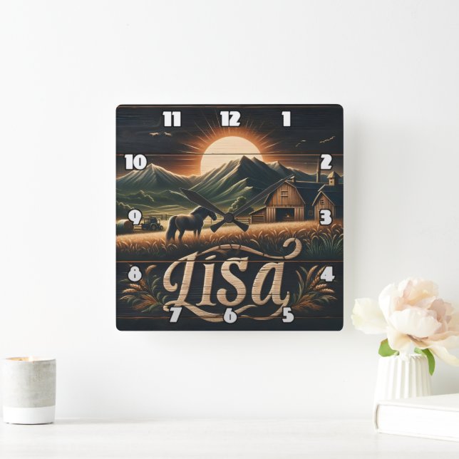 Sunset Over Farm With Horse and Barns in Mountains Square Wall Clock (Home)