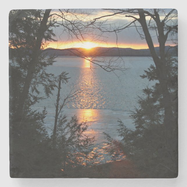 Sunset Over Forest Lake Stone Coaster (Front)