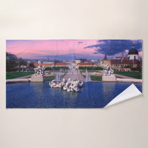 Sunset over fountain in Vienna Bath Towel