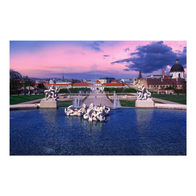 Sunset over fountain in Vienna Photo Print (Front)