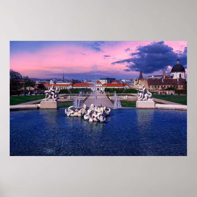 Sunset over fountain in Vienna Poster (Front)