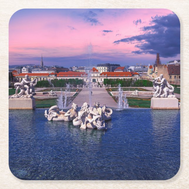 Sunset over fountain in Vienna Square Paper Coaster (Front)