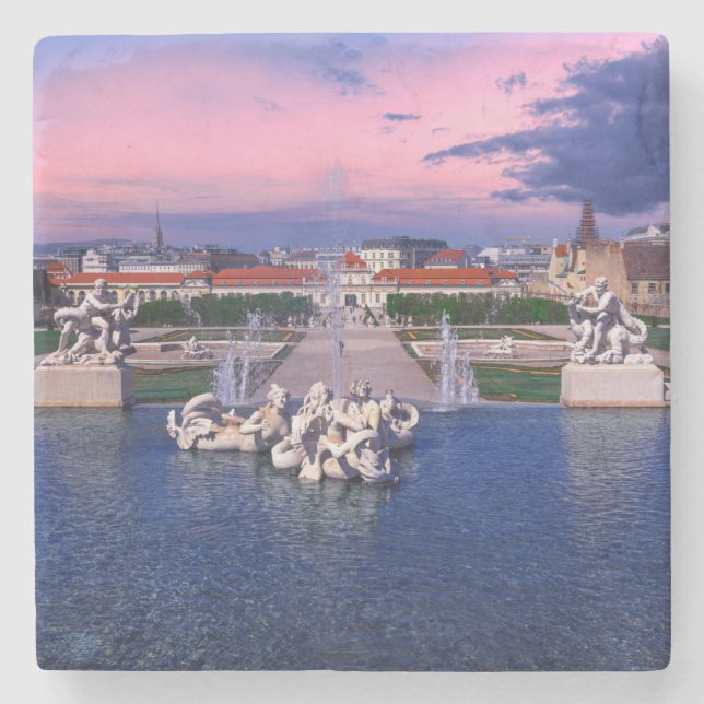 Sunset over fountain in Vienna Stone Coaster (Front)