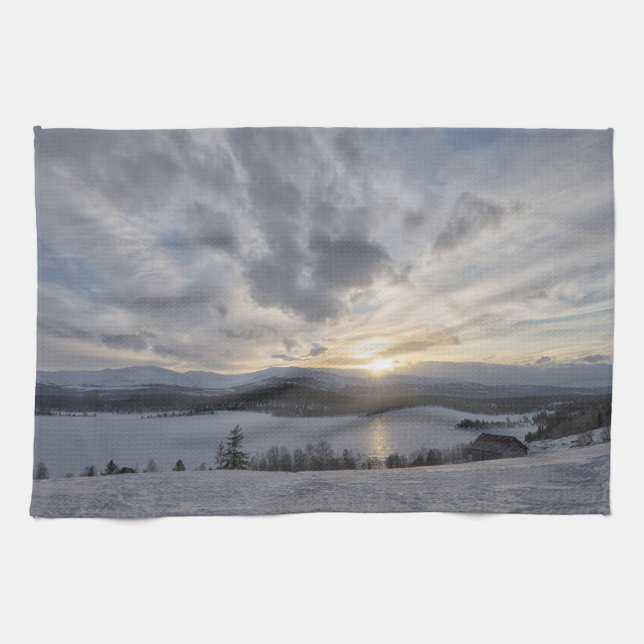 Sunset over frozen lake tea towel (Horizontal)