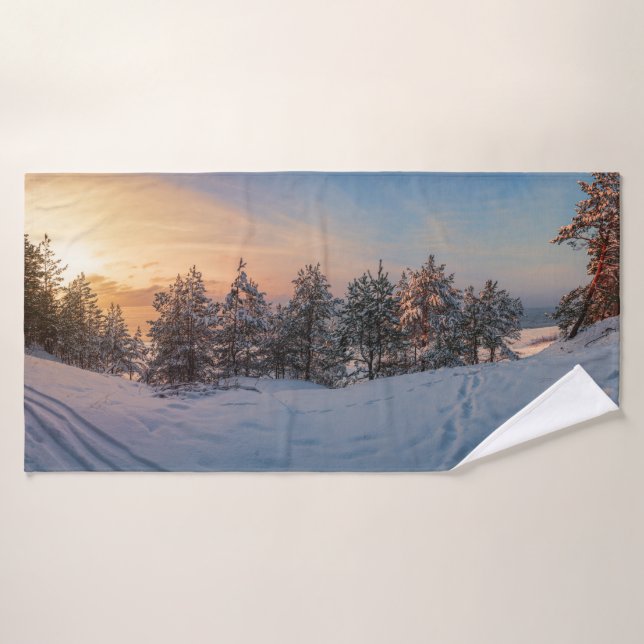 Sunset over frozen snowy forest near sea bath towel (Bath Towel)