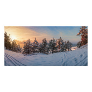 Sunset over frozen snowy forest near sea photo print