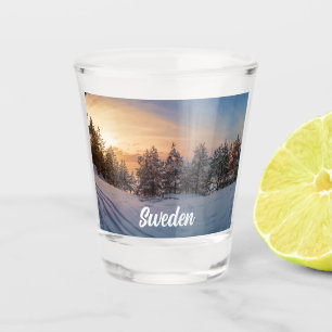 Sunset over frozen snowy forest near sea shot glass
