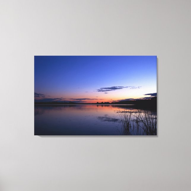 Sunset Over Lake Wabamun With Grass Canvas Print (Front)