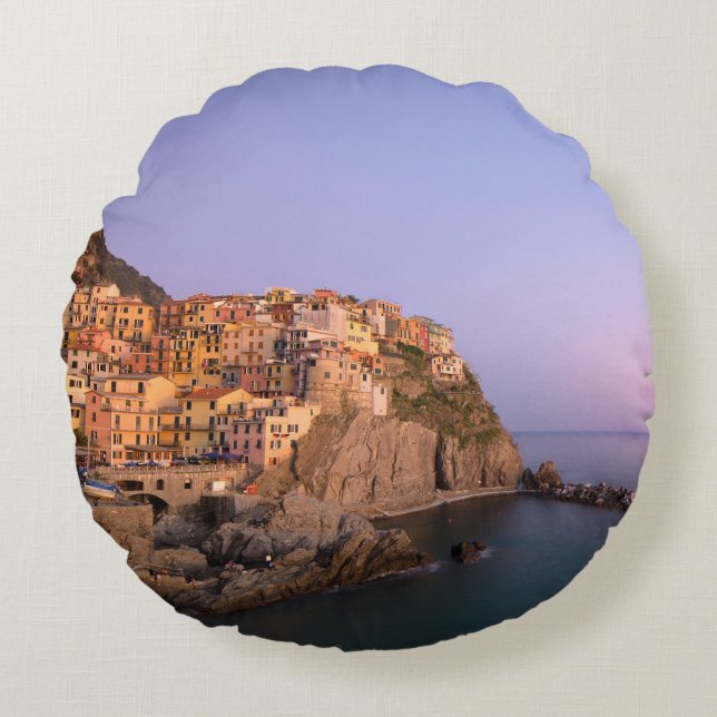 Sunset over Manarola village in Cinque Terre Round Cushion (Front)