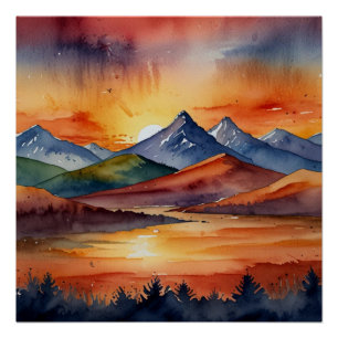Sunset Over Mountains Watercolor Poster