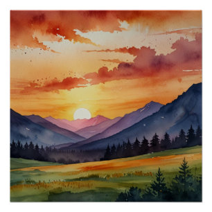 Sunset Over Mountains Watercolor Poster