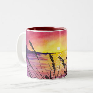 sunset over ocean watercolour Two-Tone coffee mug