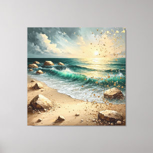 Sunset Over Ocean Waves and Rocky Shoreline Canvas Print