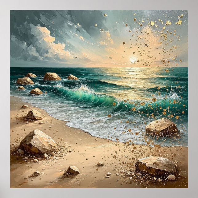 Sunset Over Ocean Waves and Rocky Shoreline Poster (Front)