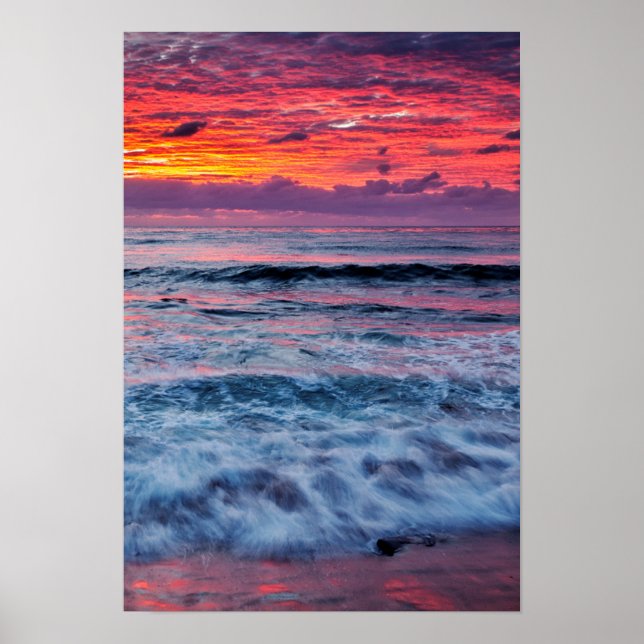 Sunset over ocean waves, California Poster (Front)