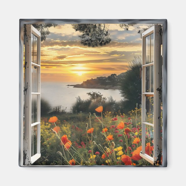 Sunset over Ocean Window View Magnet (Front)