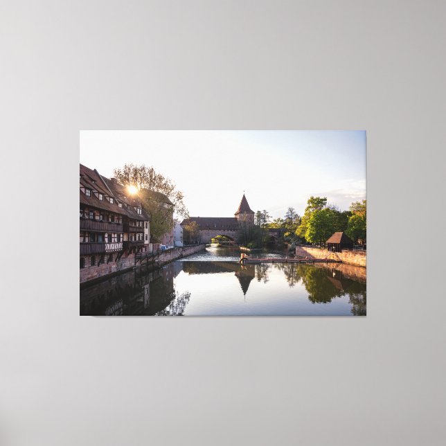 Sunset over old mediaeval bridge in Nuremberg Canvas Print (Front)