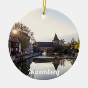 Sunset over old mediaeval bridge in Nuremberg Ceramic Tree Decoration