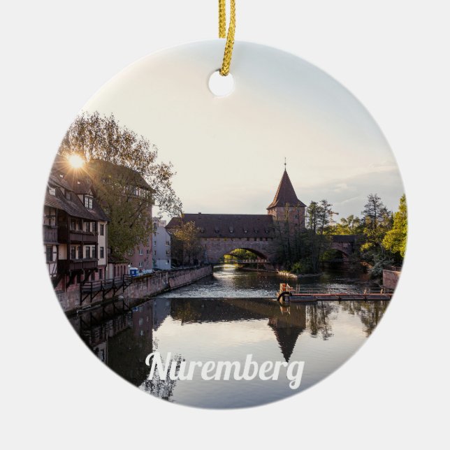 Sunset over old mediaeval bridge in Nuremberg Ceramic Tree Decoration (Front)
