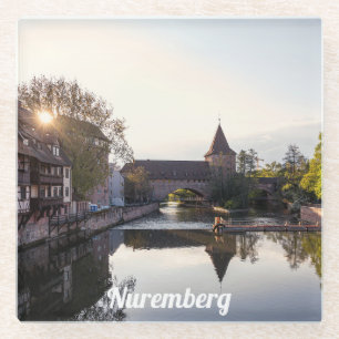 Sunset over old mediaeval bridge in Nuremberg Glass Coaster