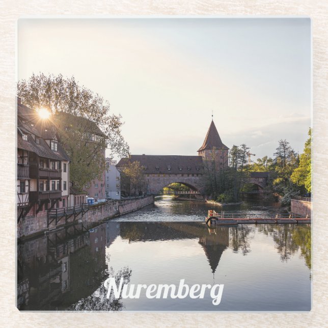 Sunset over old mediaeval bridge in Nuremberg Glass Coaster (Front)