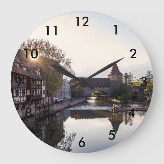 Sunset over old mediaeval bridge in Nuremberg Large Clock (Front)