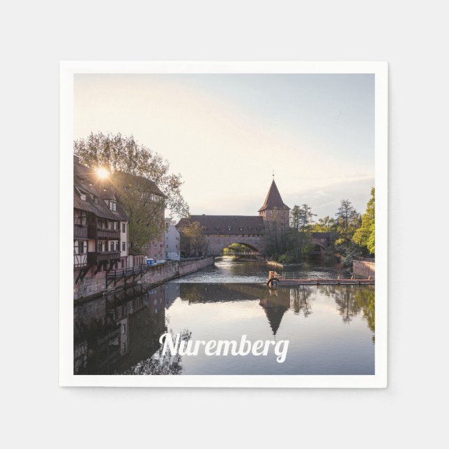 Sunset over old mediaeval bridge in Nuremberg Napkin (Front)