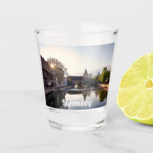 Sunset over old mediaeval bridge in Nuremberg Shot Glass