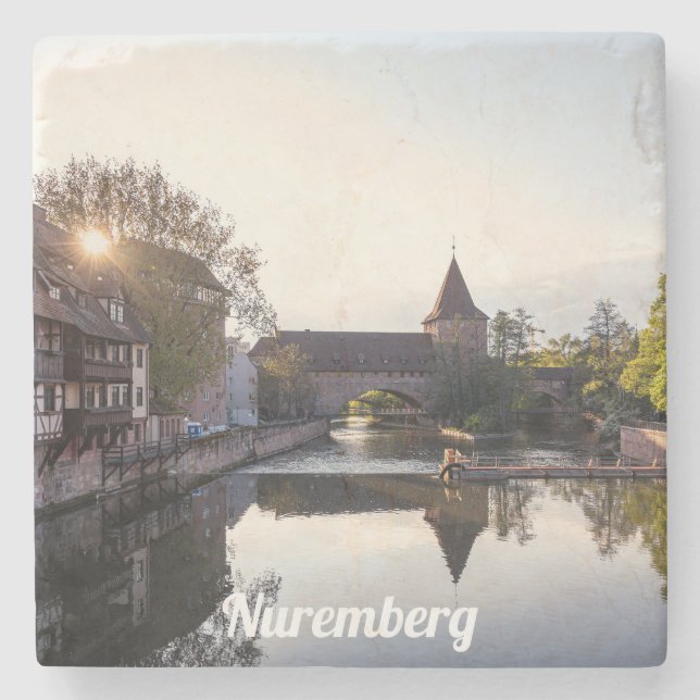 Sunset over old mediaeval bridge in Nuremberg Stone Coaster (Front)