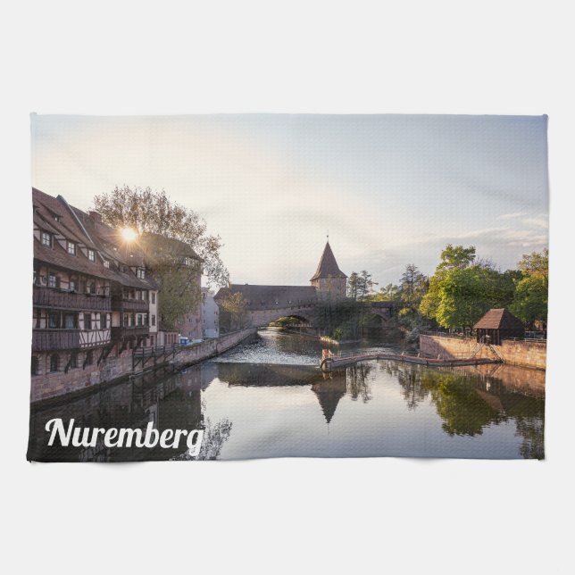 Sunset over old mediaeval bridge in Nuremberg Tea Towel (Horizontal)