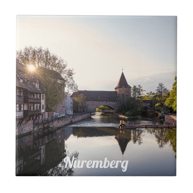 Sunset over old mediaeval bridge in Nuremberg Tile (Front)