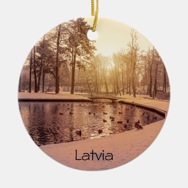 Sunset over park with small frosty lake ceramic tree decoration (Front)