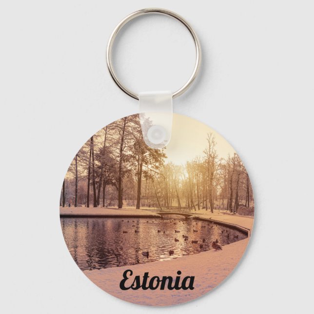 Sunset over park with small frosty lake key ring (Front)