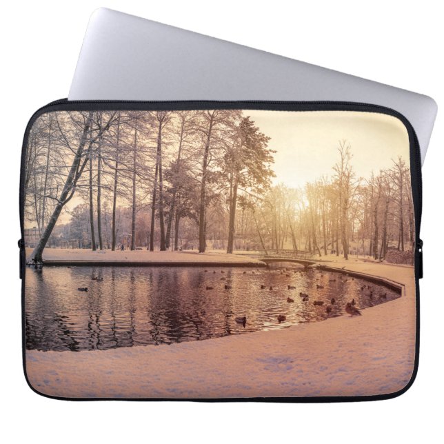 Sunset over park with small frosty lake laptop sleeve (Front)