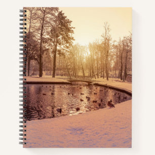 Sunset over park with small frosty lake notebook