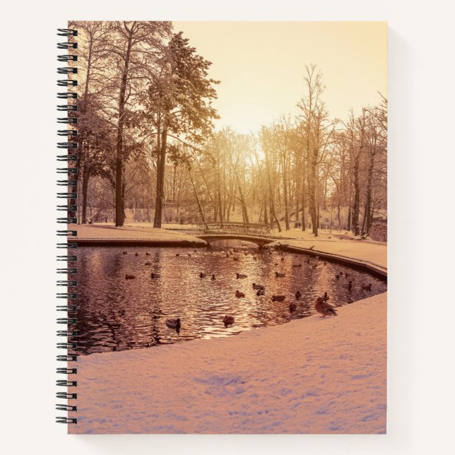 Sunset over park with small frosty lake notebook (Front)