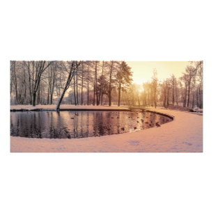Sunset over park with small frosty lake photo print