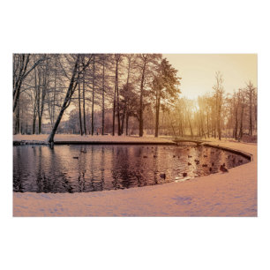 Sunset over park with small frosty lake poster
