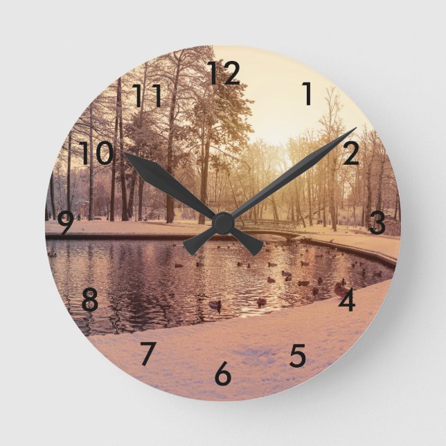 Sunset over park with small frosty lake round clock (Front)