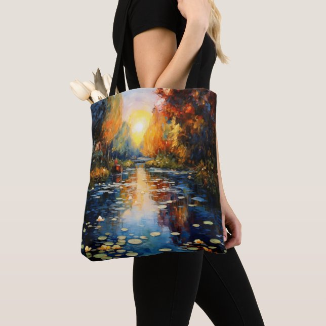 Sunset over Pond Impressionism Tote Bag (Close Up)