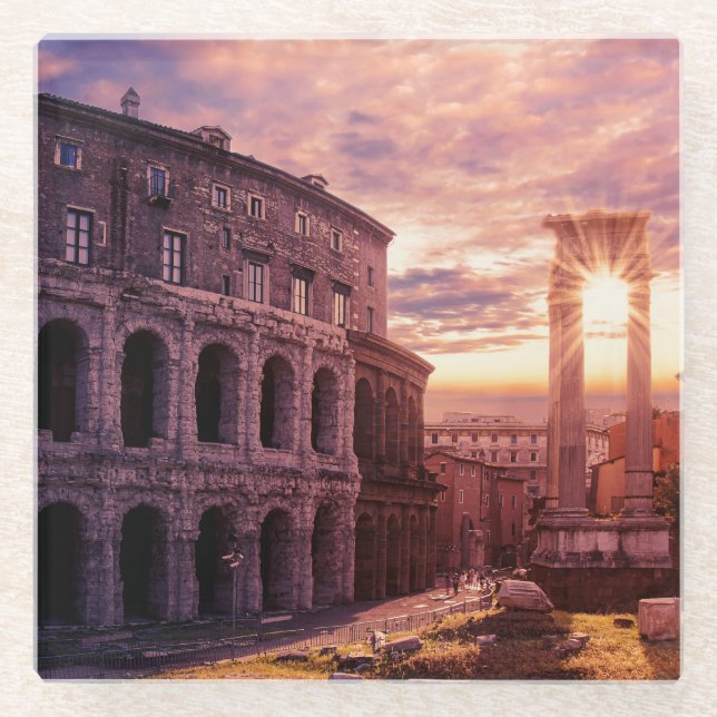 Sunset over Rome Colosseum in Rome Glass Coaster (Front)