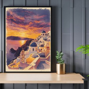 Sunset Over Santorini – Retro Greece Seaside Poster