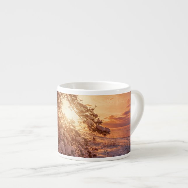 Sunset over sea and snowy pine tree espresso cup (Front Right)