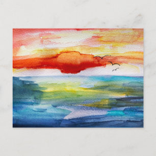 Sunset Over Sea in Watercolor Style Holiday Postcard