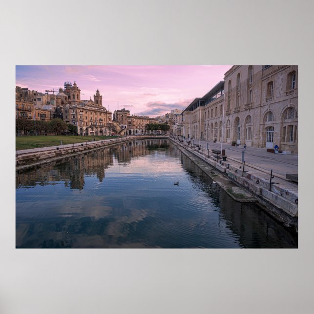 Sunset over small canal in Cospicua, Malta Poster (Front)