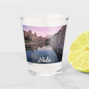Sunset over small canal in Cospicua, Malta Shot Glass