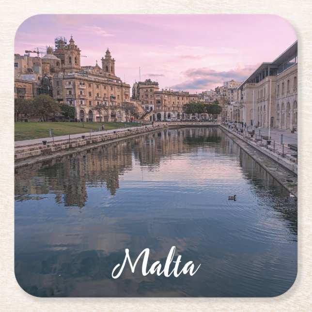 Sunset over small canal in Cospicua, Malta Square Paper Coaster (Front)